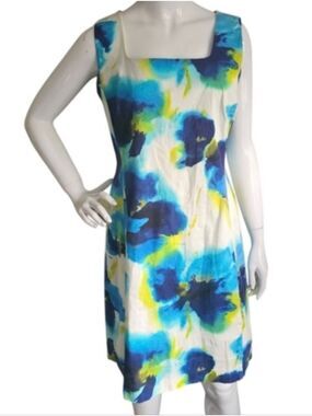 Vintage Linda Lundstrom Cotton Dress Blue Floral Shift Knee Length Size 12